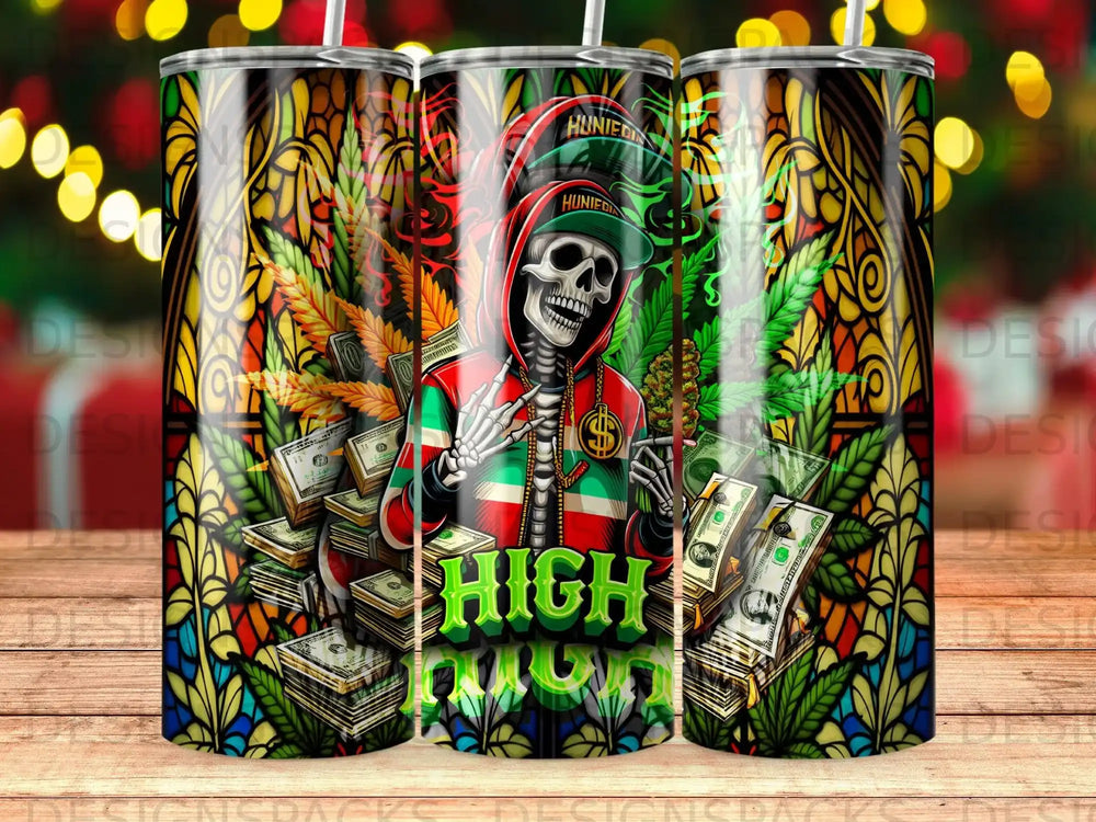 Skeleton wearing hoodie and hat, surrounded by money and cannabis leaves, text "HIGH"