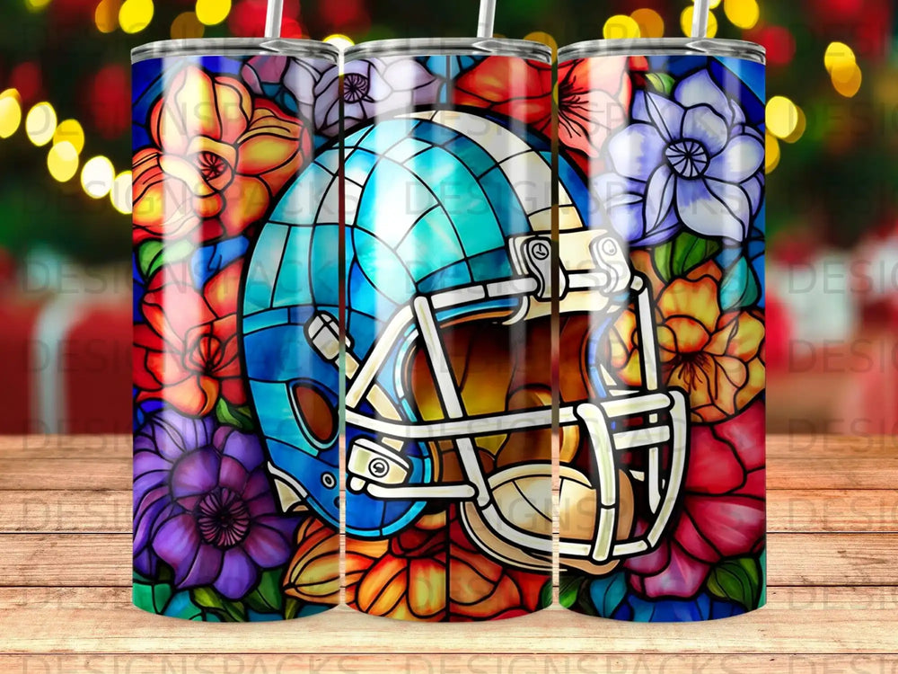 Stained glass football helmet surrounded by colorful flowers.