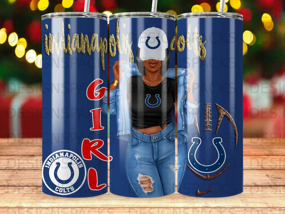Indianapolis Colts tumbler with a woman in denim jacket and jeans, and team logo.