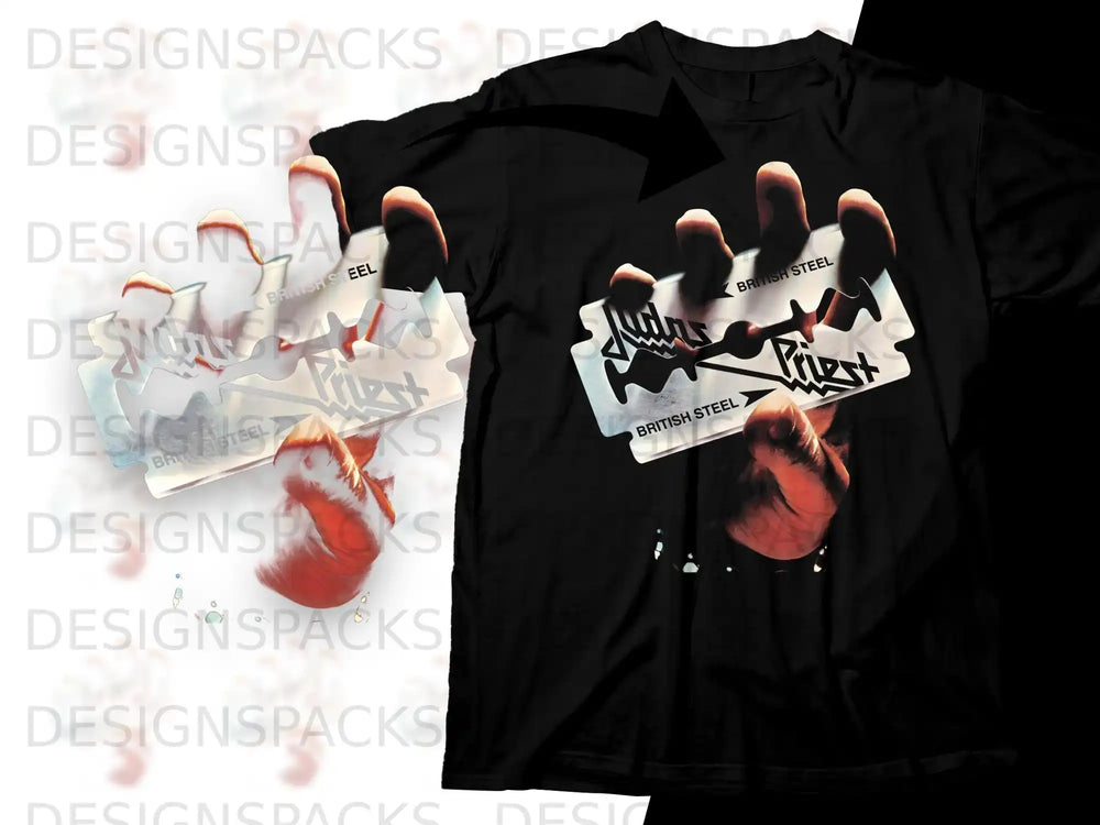 Black t-shirt with British Steel Judas Priest logo held by a hand.