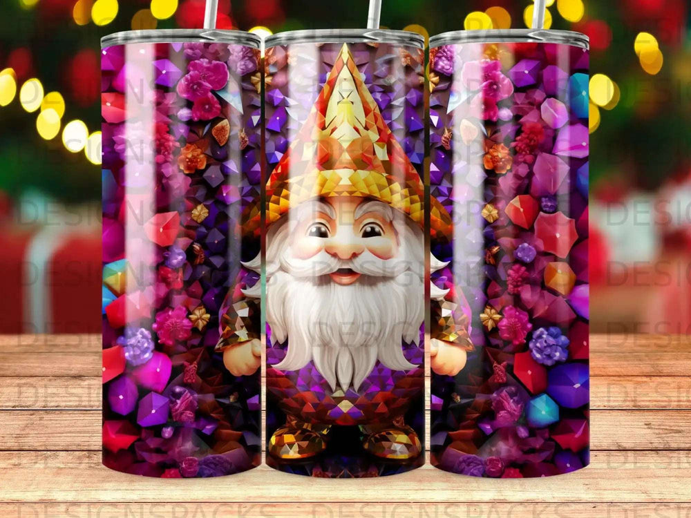 Gnome with gem-encrusted hat and robe on colorful gemstone background.