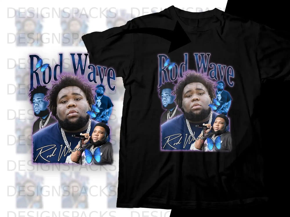 Rod Wave graphic t-shirt with blue butterfly and multiple portraits.