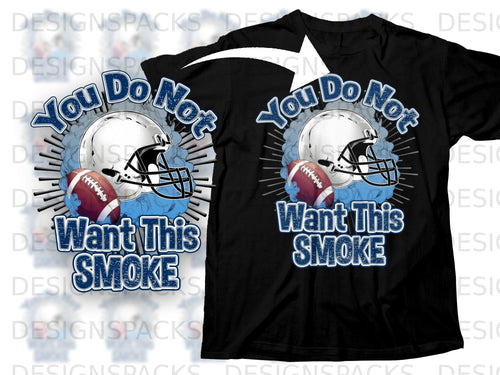 Black t-shirt with a football helmet, football, and text 