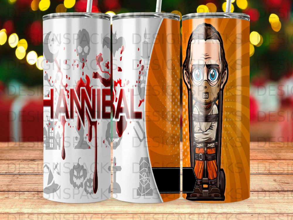 Hannibal Lecter in restraint, splattered with red paint, on a tumbler.