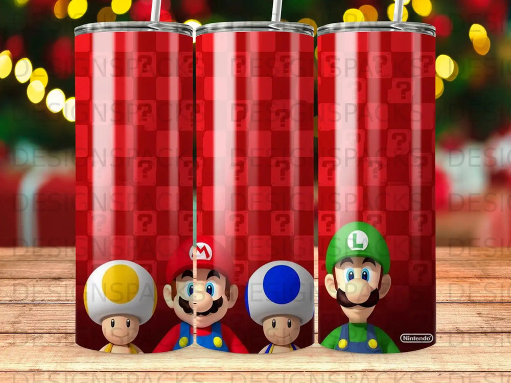 Mario characters in overalls on a tumbler with red and question mark pattern.