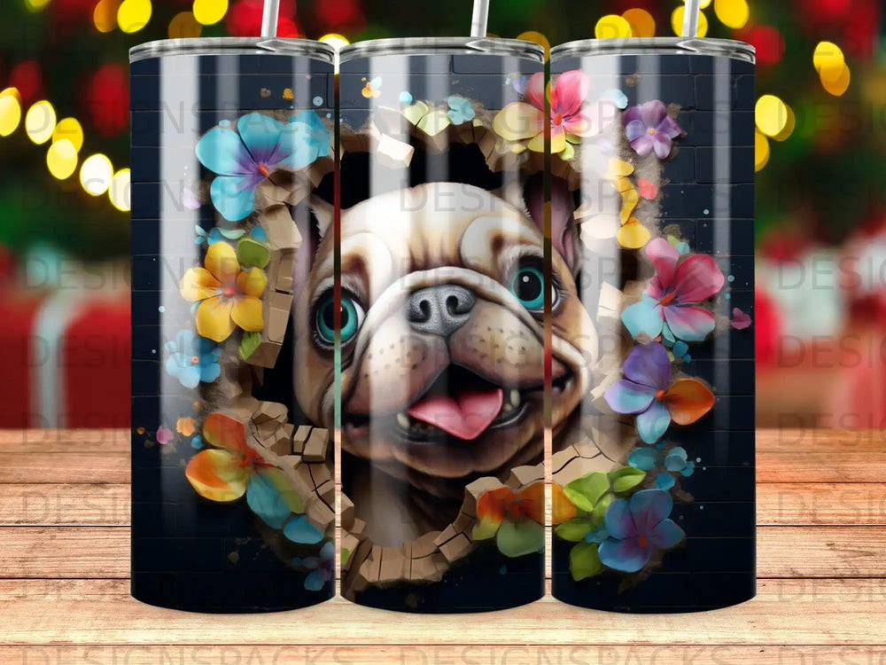 French bulldog bursting through a brick wall, surrounded by colorful flowers.