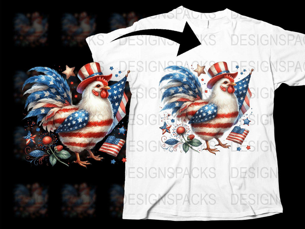 Patriotic Rooster T-Shirt, American Flag, 4th of July Independence Day Shirt, Farm Animal Graphic Tee, Unisex Adult Clothing