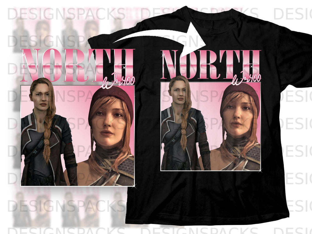 Black t-shirt with a graphic featuring two portraits and the word "NORTH" in pink.