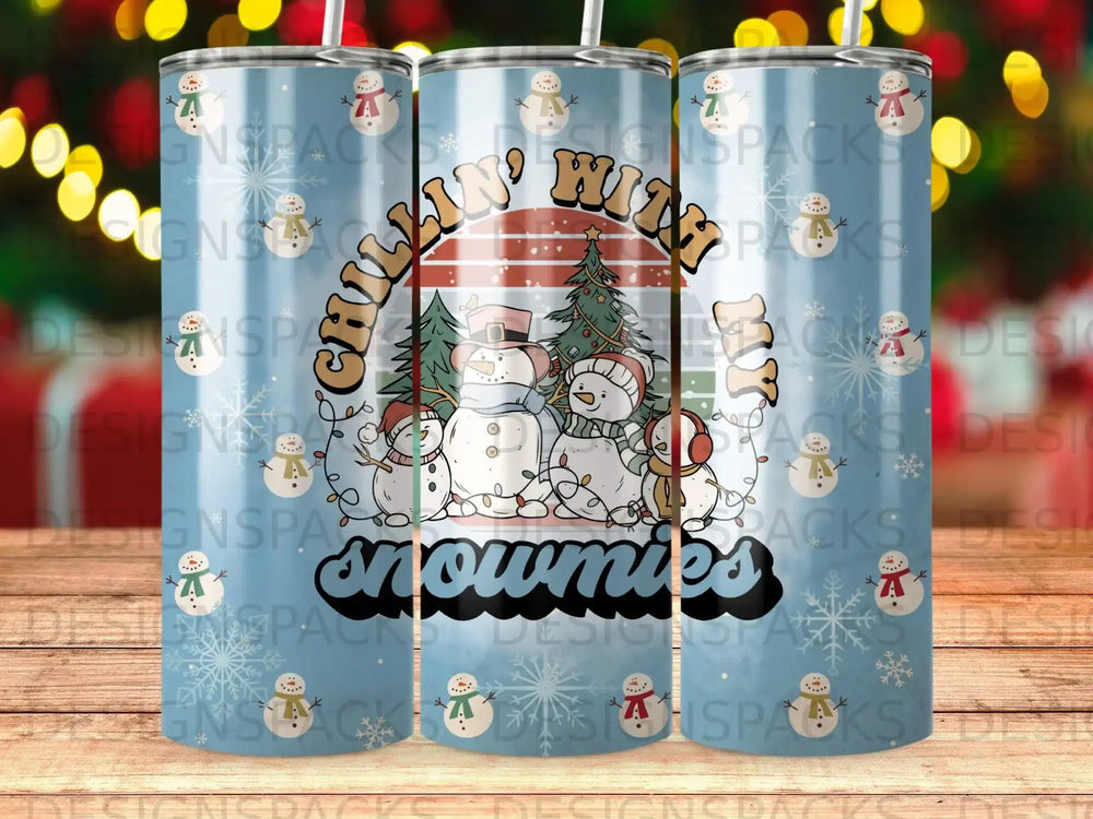 Snowmen in winter hats and scarves with "Chillin' with my Snowmies" text.