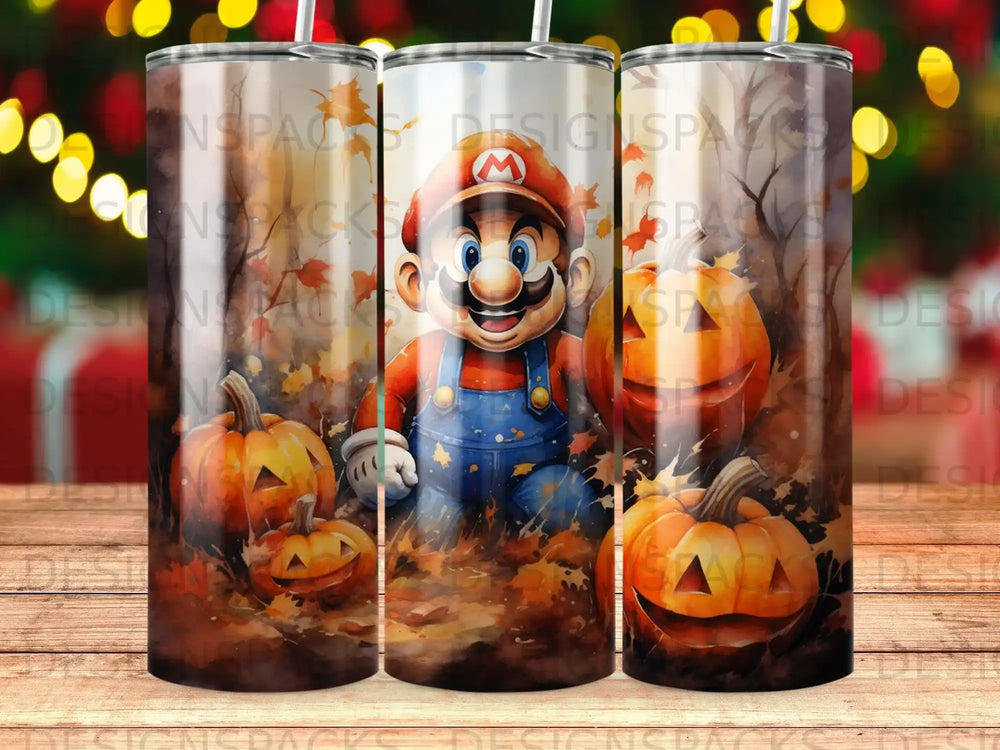 Mario character with pumpkins and autumn leaves on a tumbler.