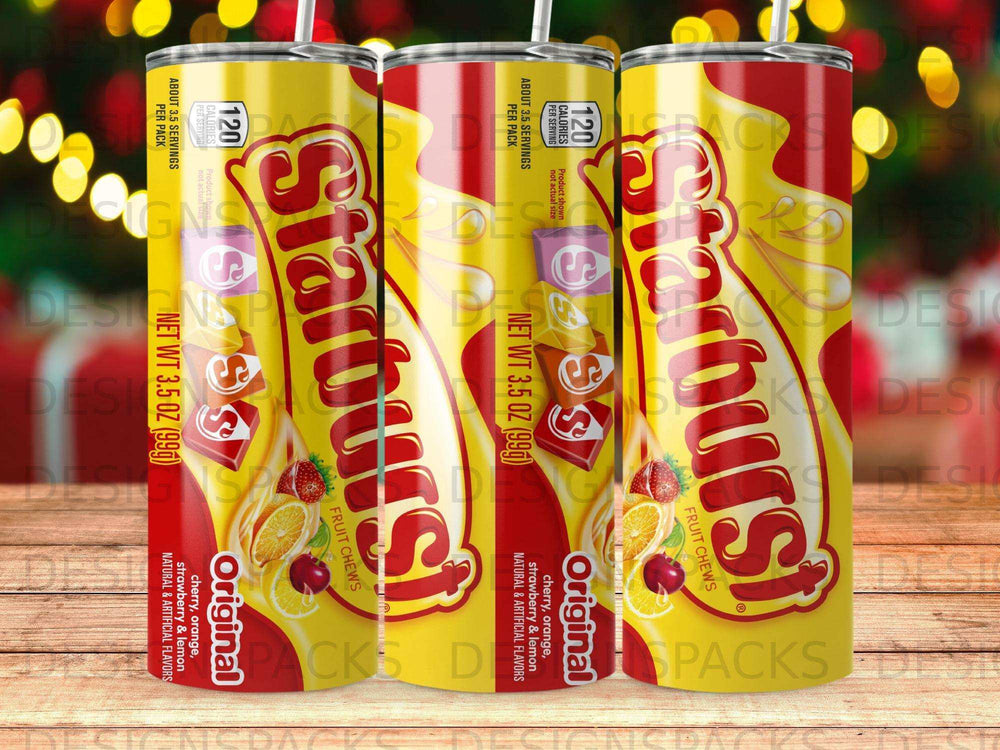 Three Starburst fruit chew packages with original flavors and nutritional information.