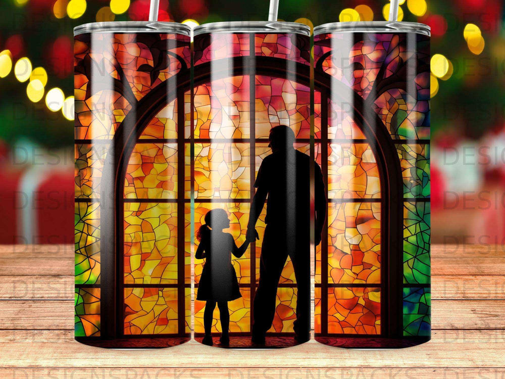 Silhouette of father and daughter holding hands in front of stained glass window.