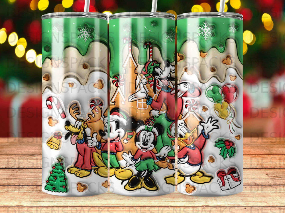 Mickey Mouse, Minnie Mouse, Donald Duck, and Goofy in a gingerbread house scene.