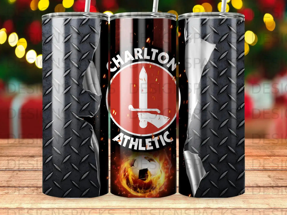 Charlton Athletic tumbler with football and ripped metal design.