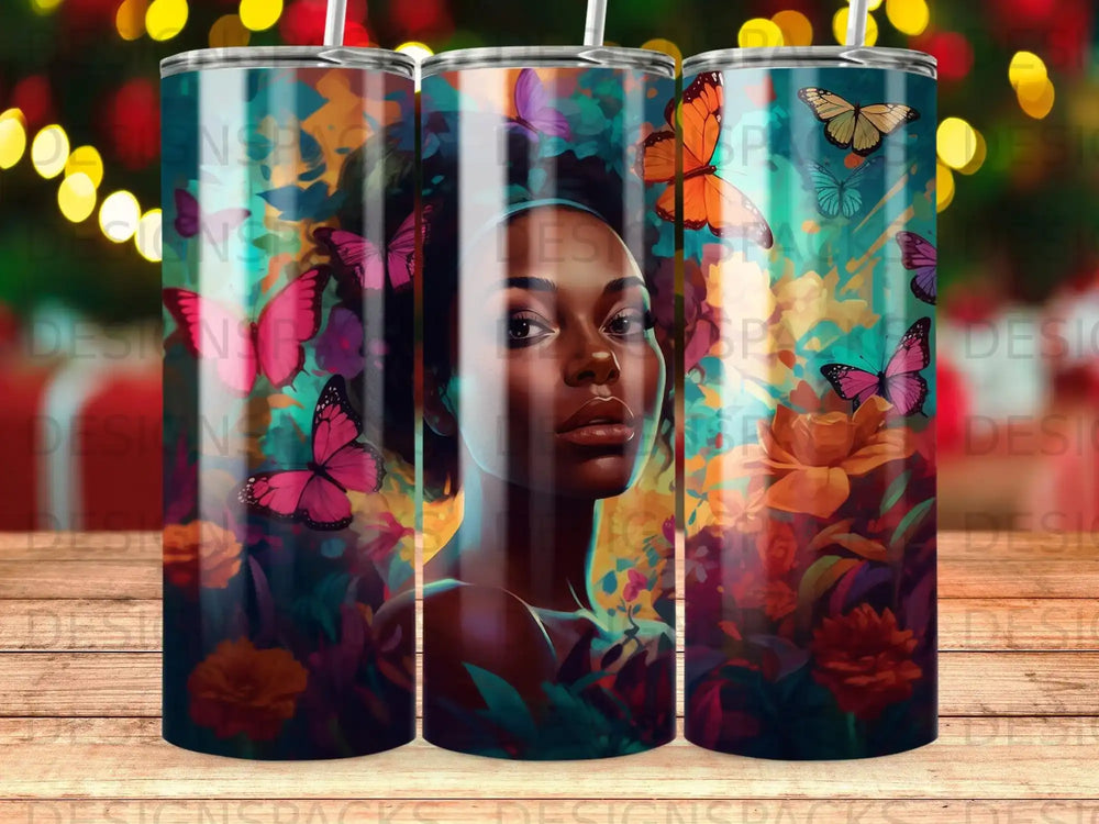 Woman with butterflies and flowers pattern on a tumbler.