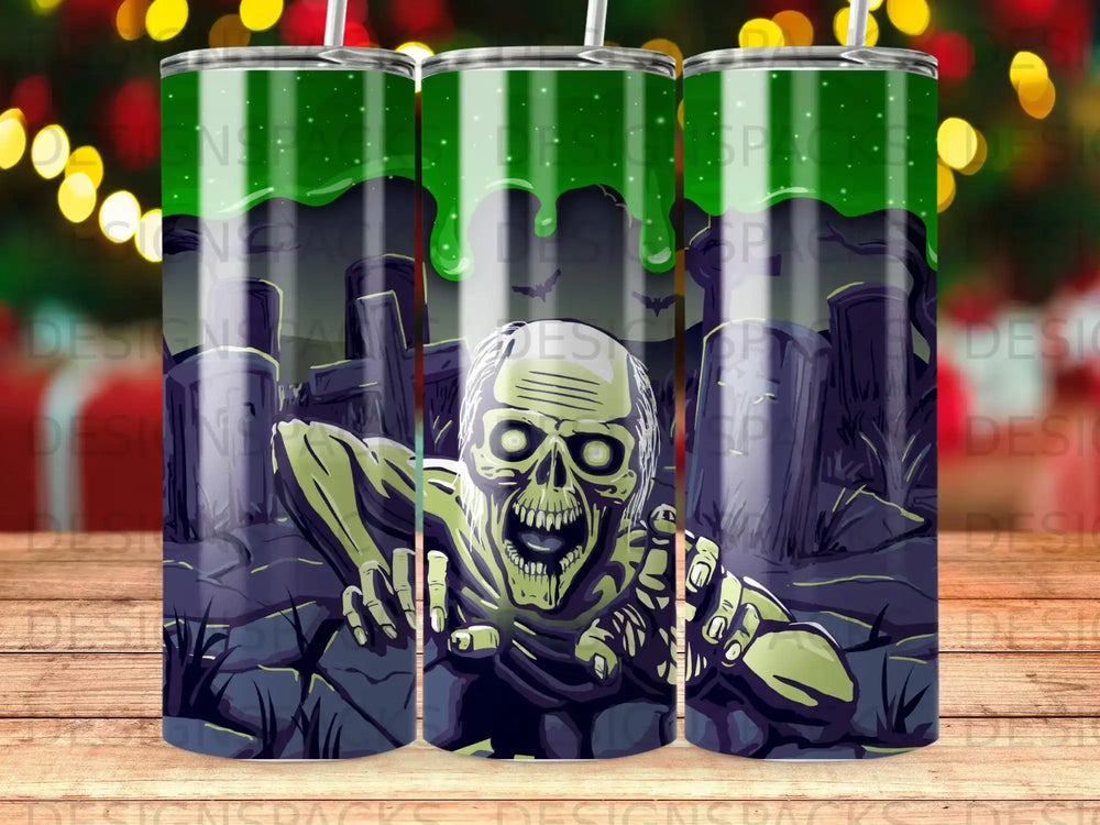 Creepy zombie emerging from a dark graveyard with green slime dripping.