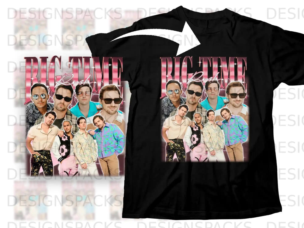 T-shirt featuring a collage of men in colorful outfits with "BIG TIME" text above.