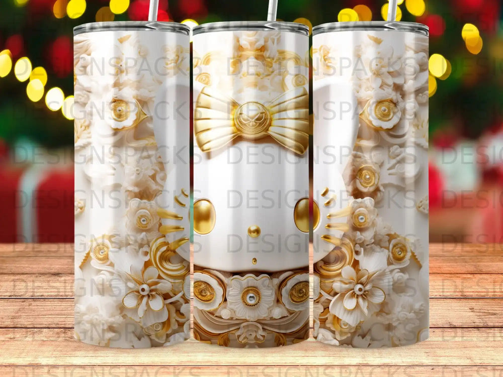 Hello Kitty tumbler with gold bow and floral accents.