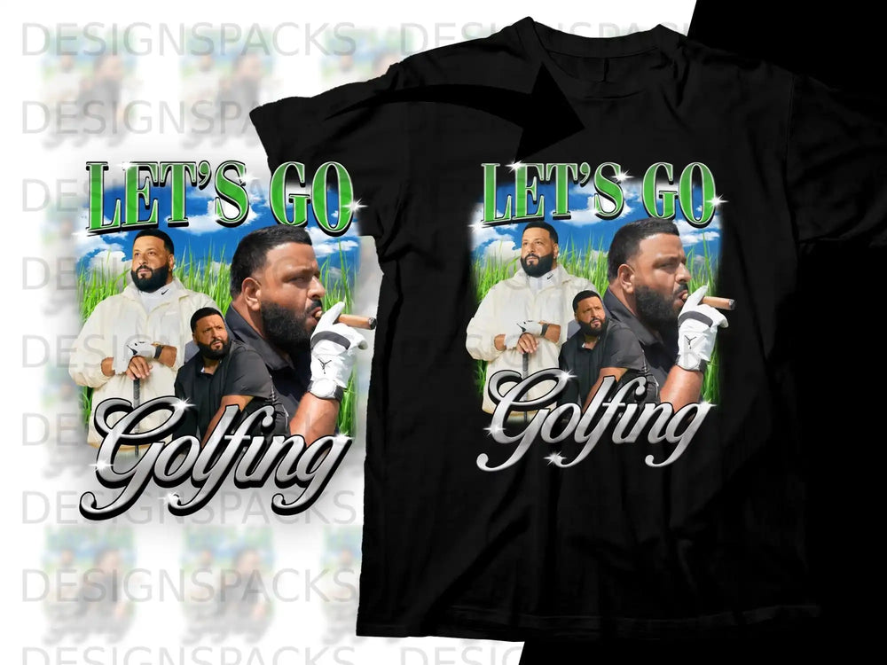 Black t-shirt with "Let's Go Golfing" graphic featuring men and cigar.