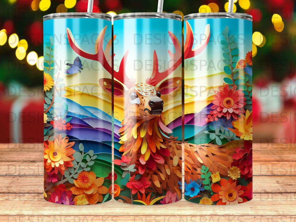 Deer with colorful floral patterns on a gradient background.