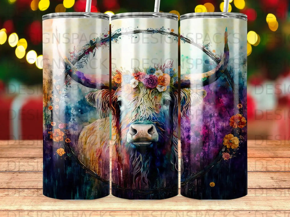 Highland cow with floral crown and watercolor accents on a tumbler.