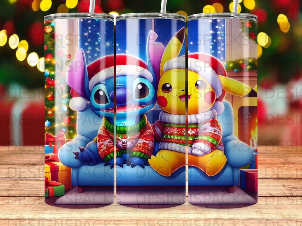 Stitch and Pikachu in festive sweaters sitting on a couch with Christmas decor.