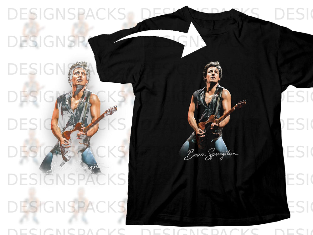 Black t-shirt with Bruce Springsteen playing guitar and his signature.