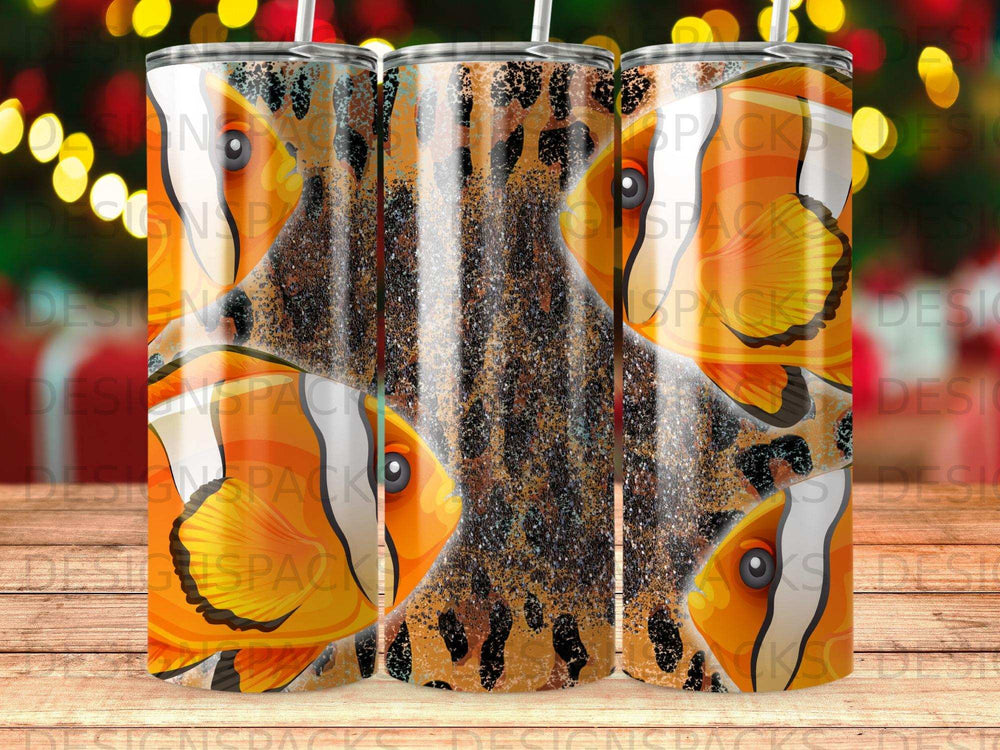 Three tumblers with a leopard print and clownfish design.