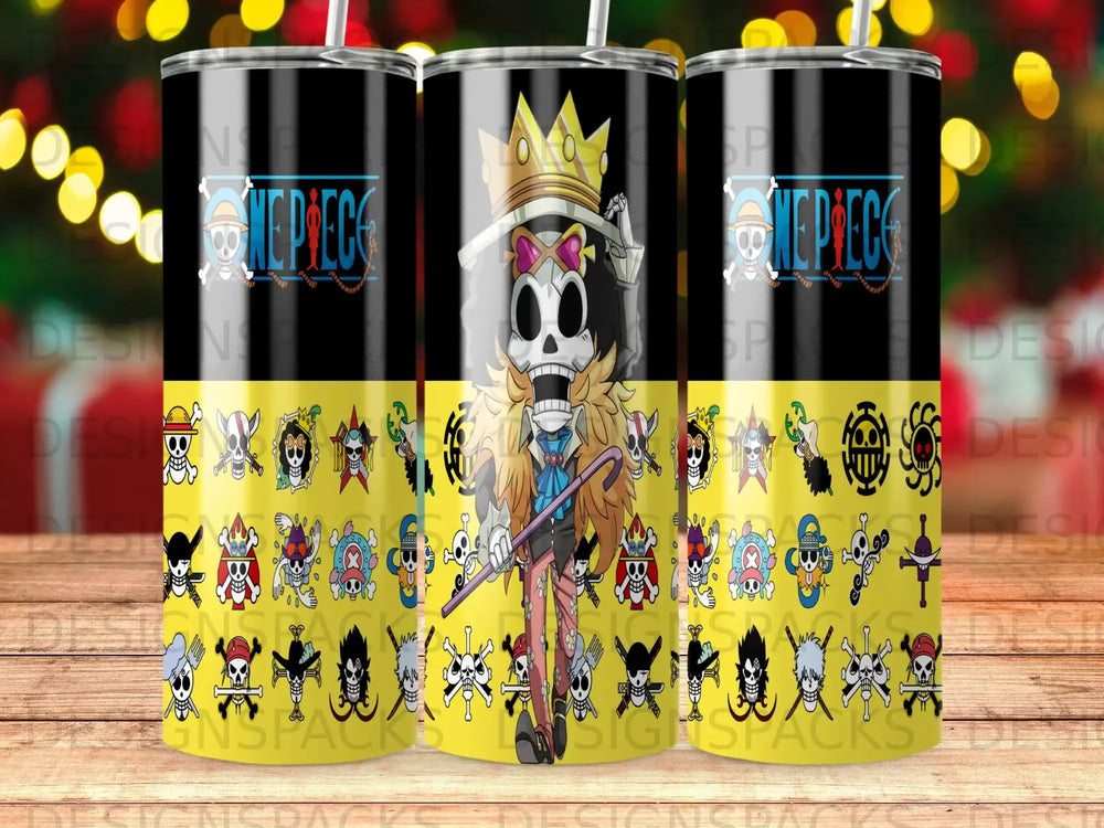 One Piece characters on a tumbler with a skull and crown graphic.