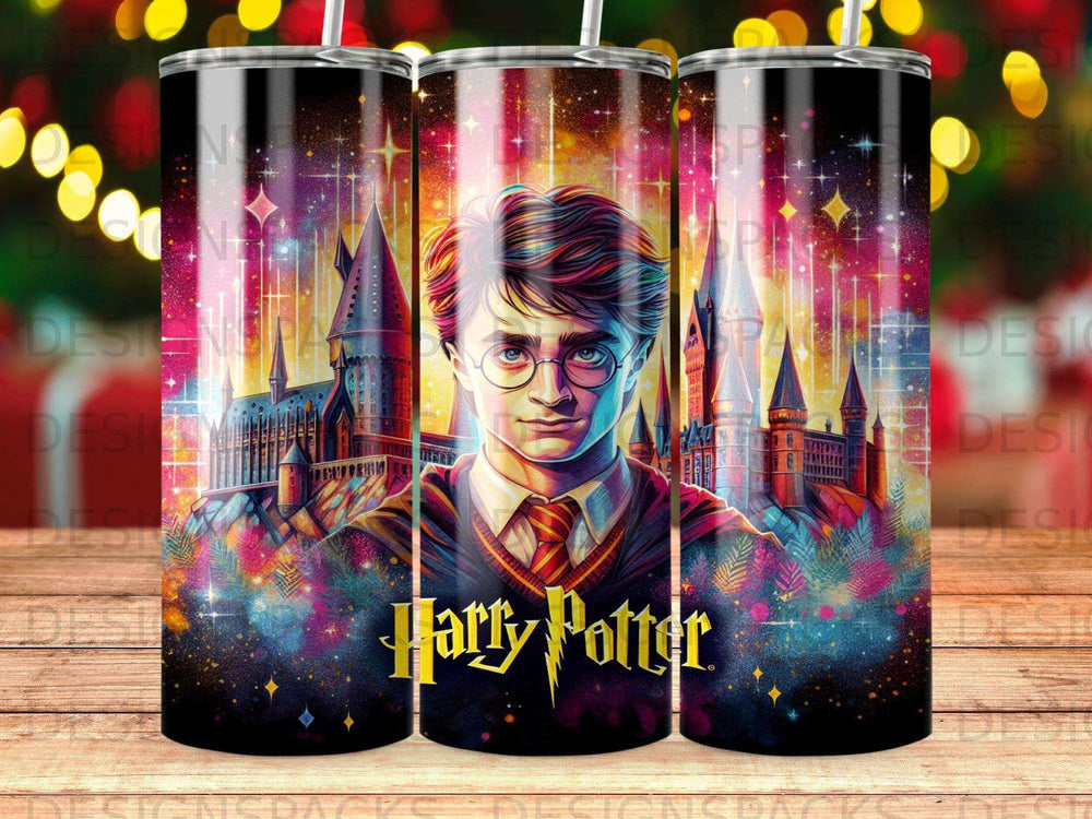 Harry Potter illustration with Hogwarts castle and twinkling stars.
