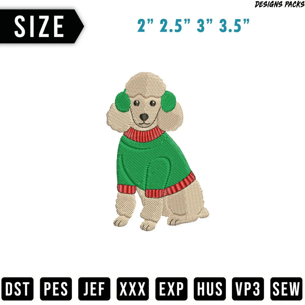 Embroidery design of a poodle wearing a green sweater with ear muffs.