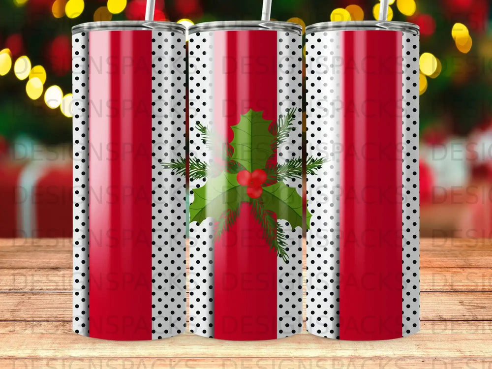 Red and white striped tumbler with holly design.