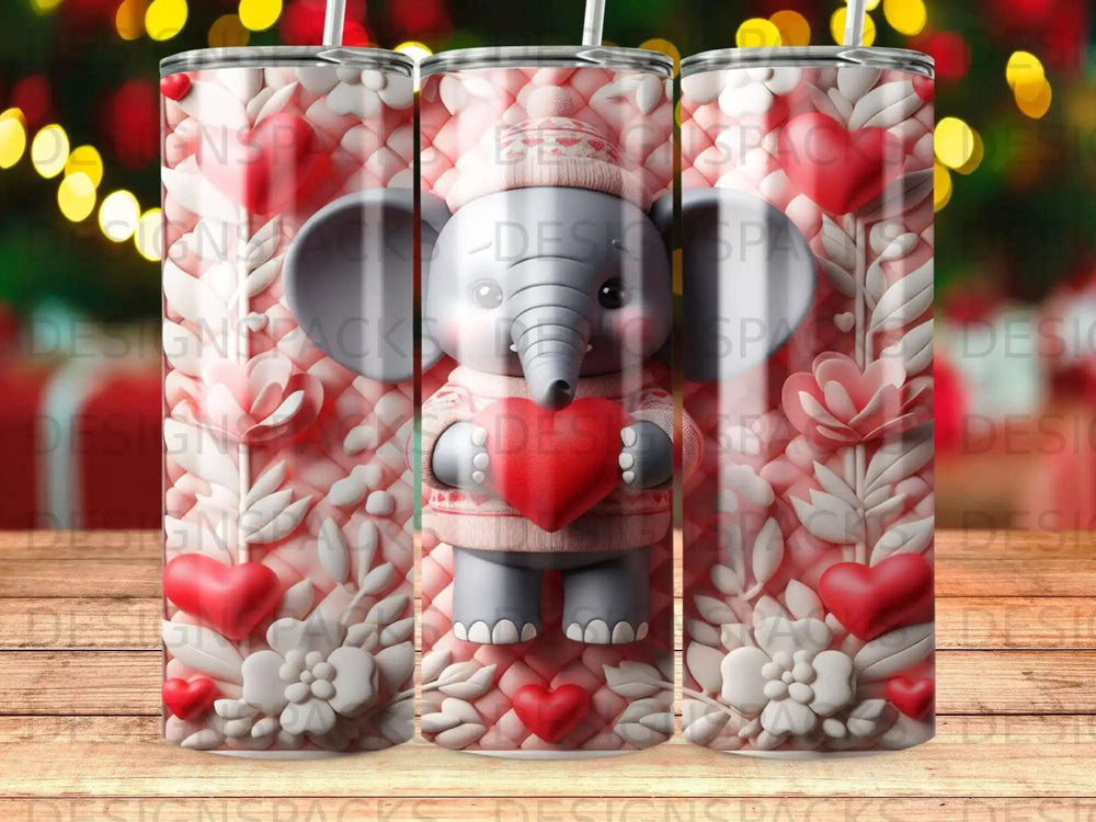 Elephant holding heart wearing hat and sweater with floral and heart background.