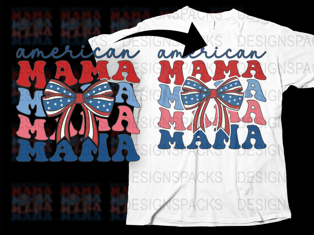 American Mama Patriotic T-Shirt, USA Flag Bow, Red White Blue, 4th of July Apparel, Women's Independence Day Tee