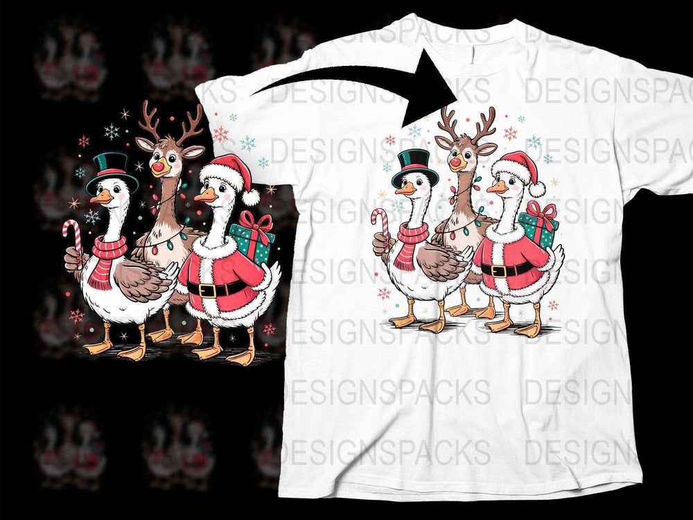 Christmas T-Shirt with Cute Ducks and Reindeer, Festive Holiday Apparel for All Ages, Unique Gift Idea