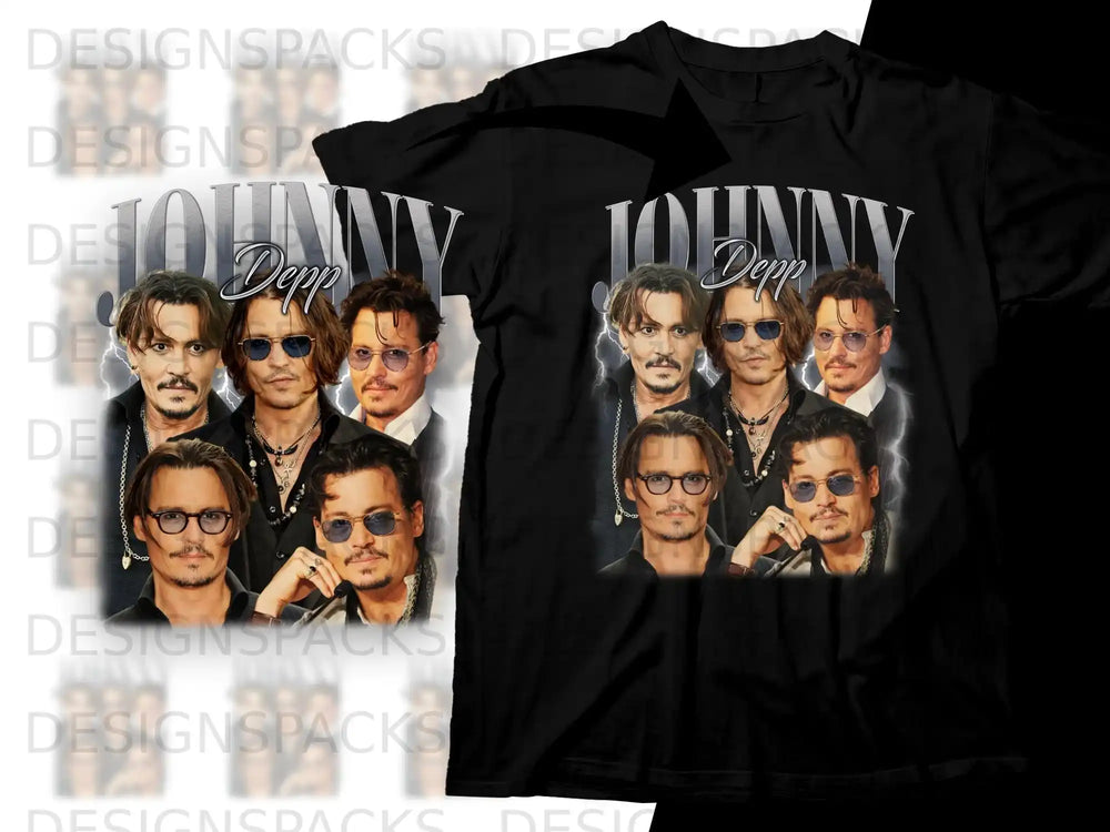 Johnny Depp collage on black t-shirt.