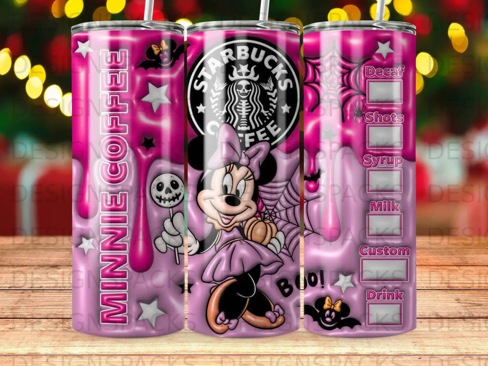 Minnie Mouse Halloween Starbucks tumbler with pink glitter and drip design.