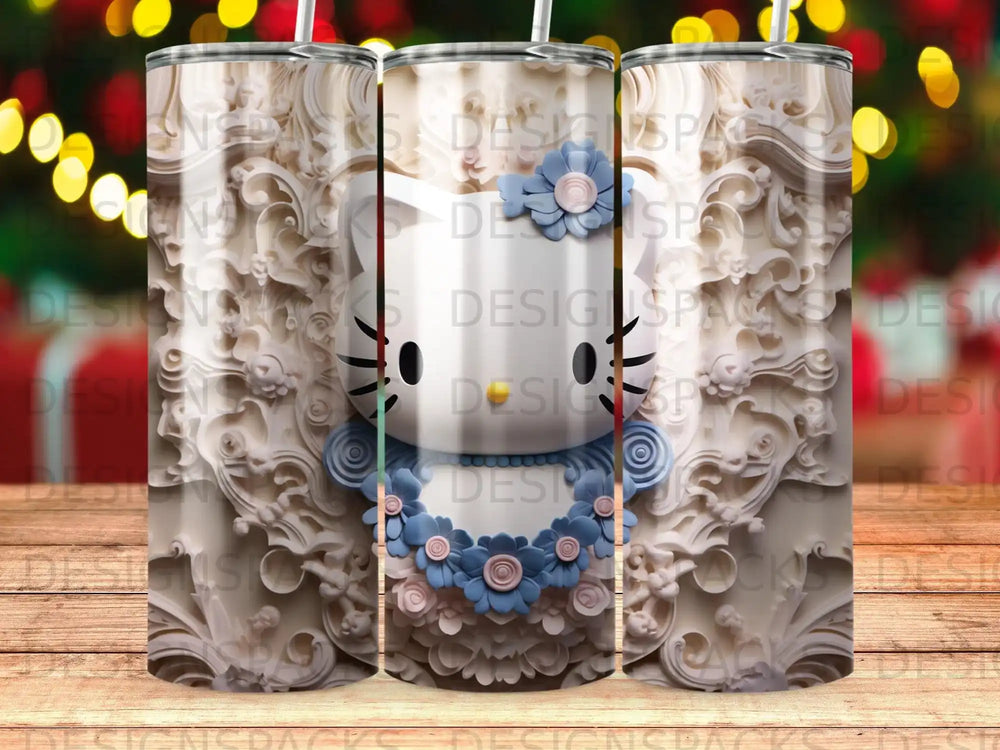 Hello Kitty adorned with floral collar on embossed ornate background.