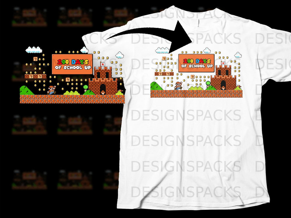 Pixel art of Mario characters celebrating 100 days of school with coins and castles.