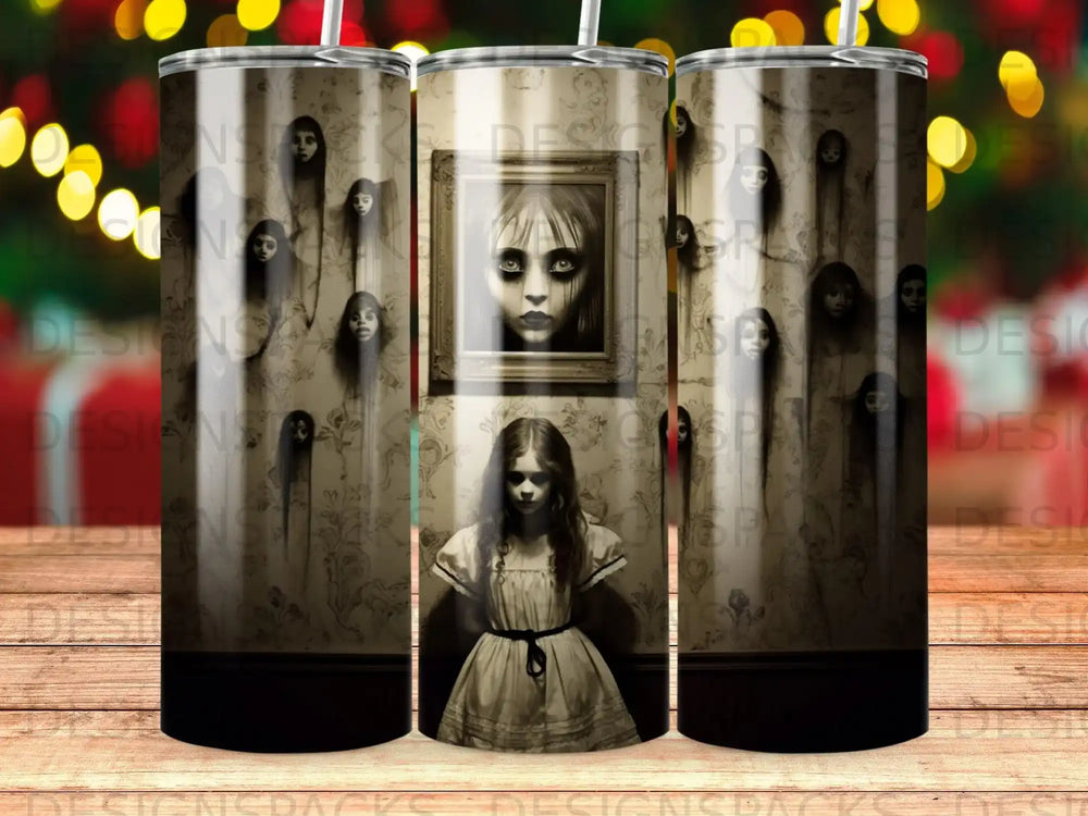 Gothic portrait of a pale girl with wide eyes, framed by ghostly faces.