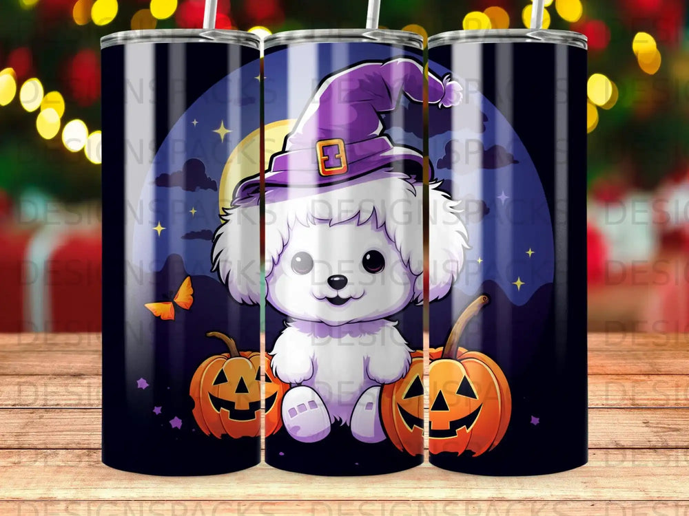 Cute puppy in a witch hat with pumpkins, Halloween design.