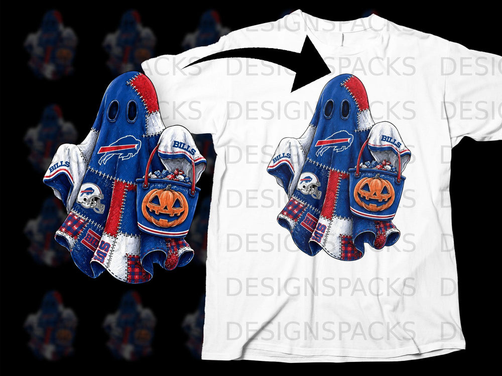Buffalo Bills ghost with pumpkin bucket on a white t-shirt.