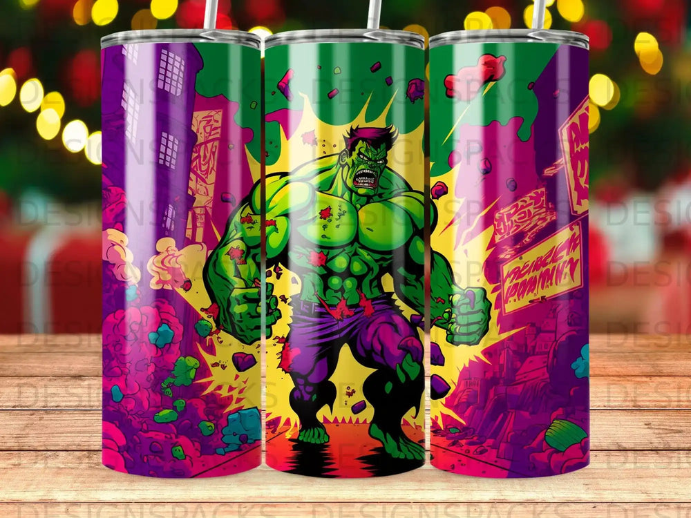 Hulk in a purple costume smashing through a vibrant, comic-book-style background.