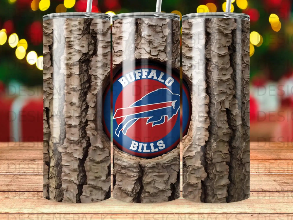 Buffalo Bills logo on a wood grain textured tumbler.