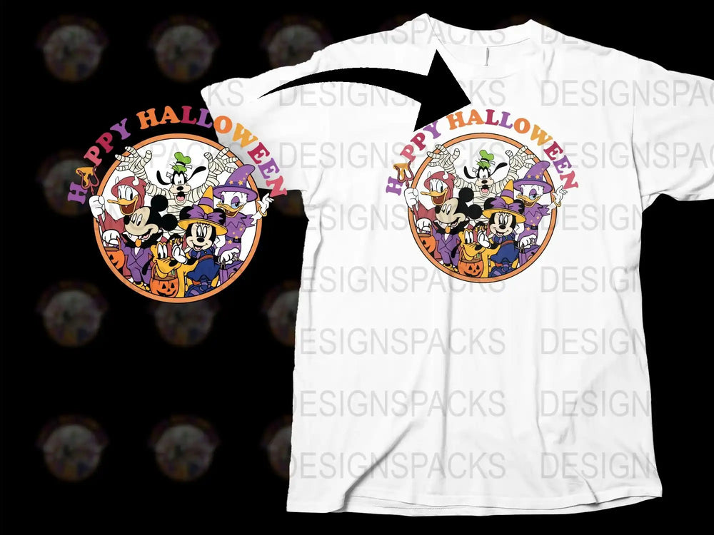 Happy Halloween T-Shirt, Cute Ghosts and Pumpkin, Cartoon Witch, Kids and Adults Party Wear