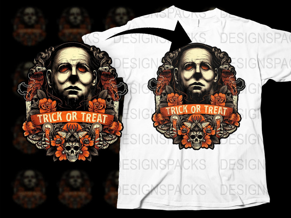 Halloween Trick or Treat T-Shirt, Spooky Skull and Roses Graphic Tee, Gothic Style White Shirt for Men and Women.