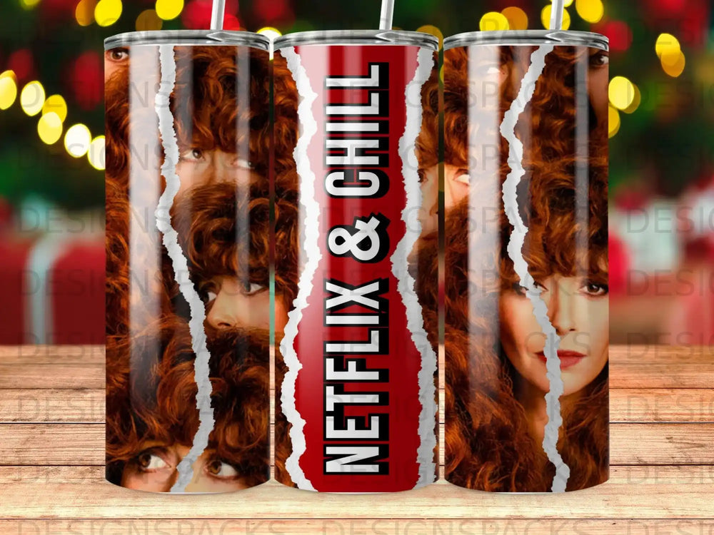 Tumbler with Netflix & Chill text and ripped images of a woman's face.