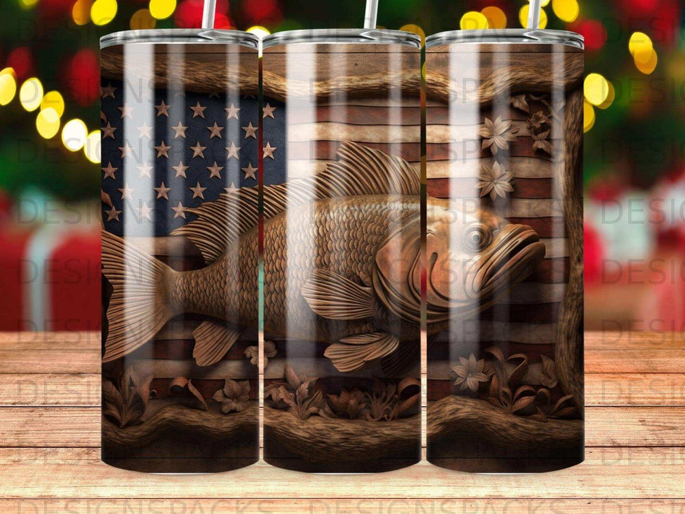 Wood-textured tumbler with American flag and detailed fish illustration.