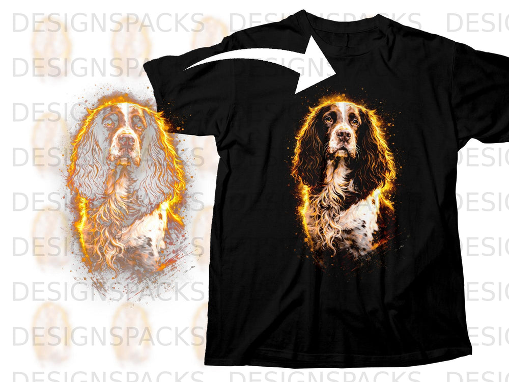 Black t-shirt featuring a brown and white dog with an fiery artistic effect.