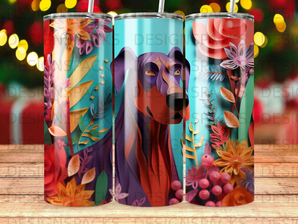 Doberman with floral accents on a teal background.